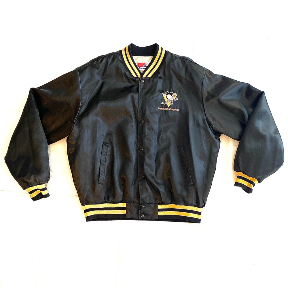 Swingster Vintage 80’s Pittsburgh Penguins Satin Bomber Jacket Black & Yellow XL